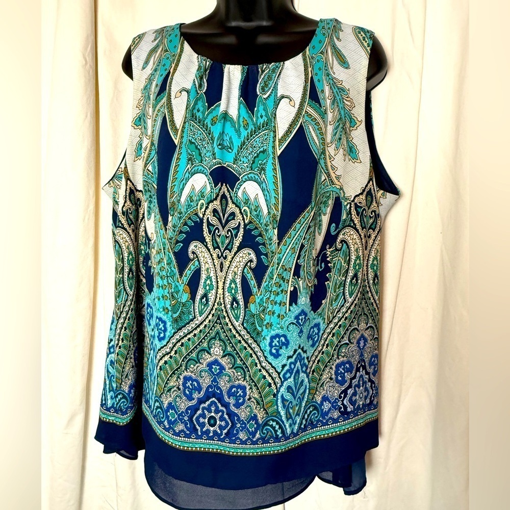 Rose & Olive Layered Split Back Paisley Sleeveless Dressy Blouse Womens Sz 1X